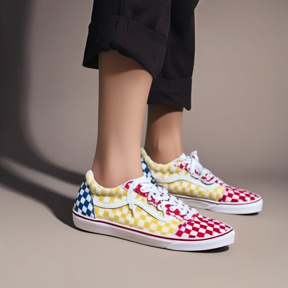 Vans Other - VANS Youth Size 7 Red Yellow Blue Checkered Sneakers Classic Retro Preppy Skater